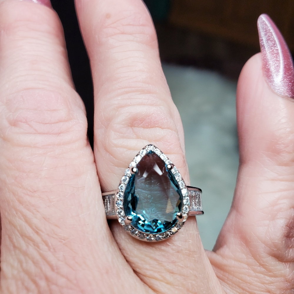 Blue Topaz & cz baguette tear drop ring silver